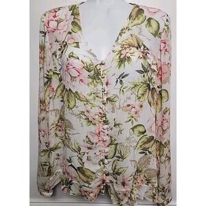 J. Jill Floral Button Up Long Sleeve Shirt Top Chiffon Green Pink XS-S Rayon